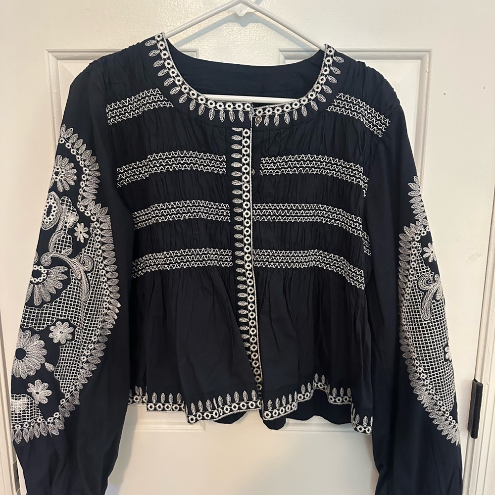 7 For All Mankind Black Blouse with White Embroidery